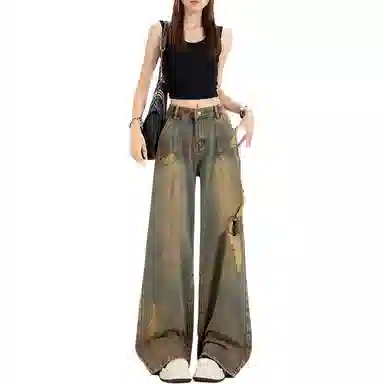 桴生 美式复古破洞阔腿风高腰低腰宽松直筒拖地显瘦时尚百搭长裤牛仔裤 女款