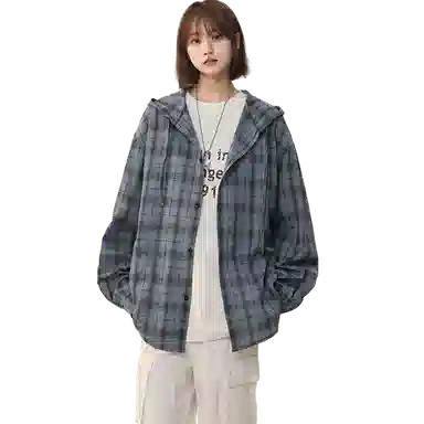 佑麟 美式复古连帽格子衬衫男长袖潮牌情侣泡泡纱衬衣夏季薄款防晒外套上衣 男女同款