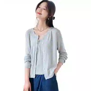 曲韩 针织开衫配吊带两件套纯色常规长袖休闲套装 女款