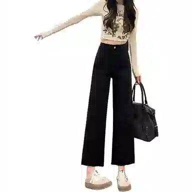 法文箱子 高腰拉链阔腿牛仔裤 女款