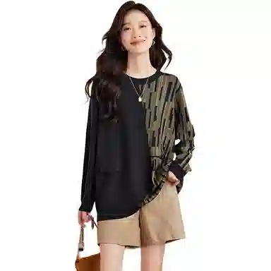 曲韩 宽松圆领简约针织衫 女款 图片色