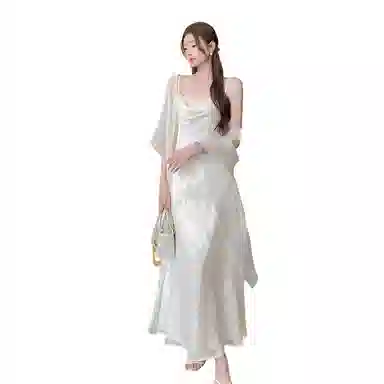 沐晓欣 新中式国风温柔气质提花吊带连衣裙开衫裙装套装 女款 米白色