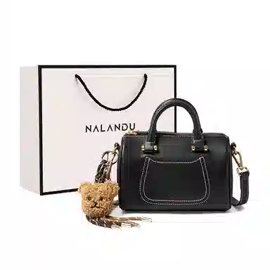 纳兰杜 上班通勤洋气高级感保龄球波士顿包 牛皮 单肩斜挎手提包 小号 女款 米白拼杏/子夜黑
