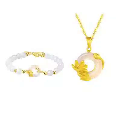 中国珠宝 平安扣荷花锁骨链 新中式国潮复古设计 福运经典东方古韵幸福美满  精致轻奢高级贵气小众设计感饰品 玉髓 玉石项链 女款