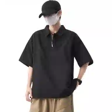 帝狼牛 半拉链套头工装翻领抽绳透气孔设计通勤潮酷简约百搭休闲舒适时尚短袖衬衫 男女同款