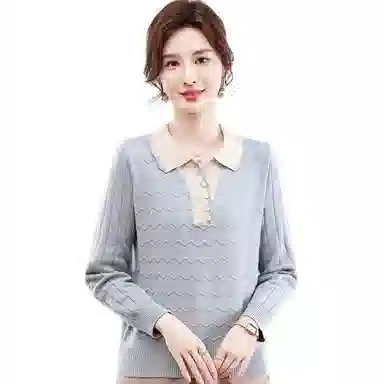 恒源祥 翻领长袖纯色宽松上衣针织衫 女款