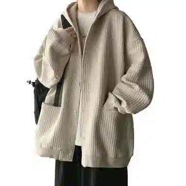 玉儿恋 美式复古纯色宽松百搭开衫连帽加厚夹克外套 男款