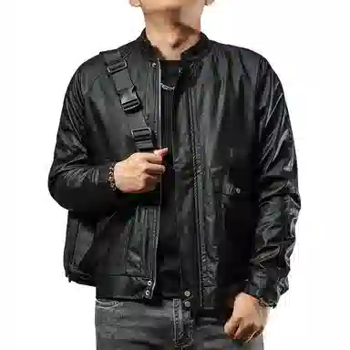 季言 复古机车立领皮夹克皮衣 男款 黑色