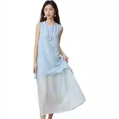 谜秀 法式刺绣假两件拼接简约通勤无袖连衣裙 女款