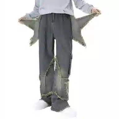 极限涡轮 五角星设计小众美式做旧水洗高街牛仔裤 男女同款 复古蓝