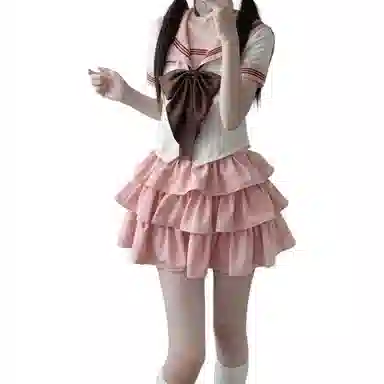 御茶家 小巧莓原创学院风水手服初恋感海军领短款收腰显瘦截短上衣蓬蓬蛋糕裙半身裙裙装套装 女款