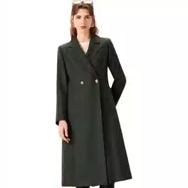 粉红玛琍 纯色中长款西装领长袖大衣 女款