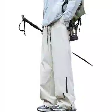 八哥 加绒加厚美式高街户外机能层次褶皱拼接拉链设计防风防水伞兵纯色简约基础款宽松直筒阔腿垂感工装微喇休闲裤 男女同款