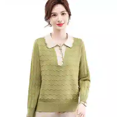 恒源祥 翻领长袖纯色宽松上衣针织衫 女款