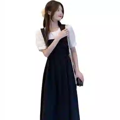 兰缪 法式气质假两件收腰减龄短袖连衣裙 女款