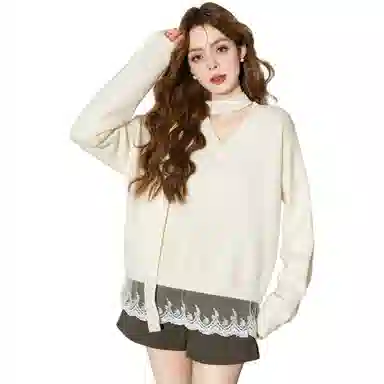 法文箱子 拼接宽松舒适长袖针织衫 女款