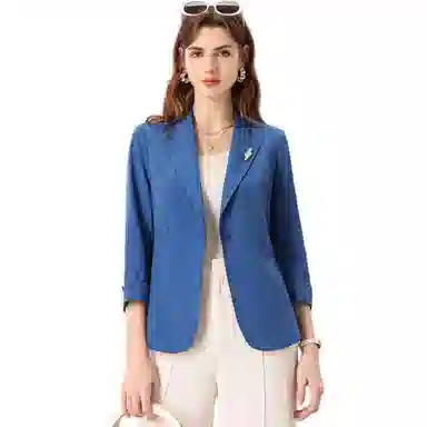 粉红玛琍 纯色修身长袖西装 女款 藏蓝