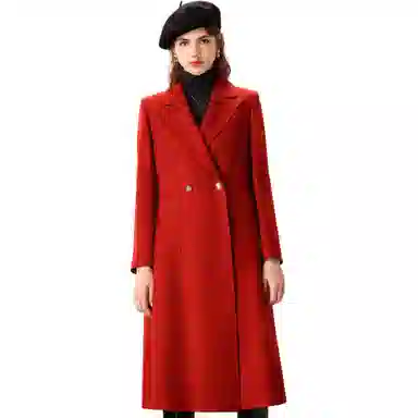 粉红玛琍 纯色中长款西装领长袖大衣 女款