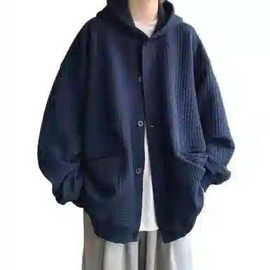 玉儿恋 美式复古纯色宽松百搭开衫连帽加厚夹克外套 男款