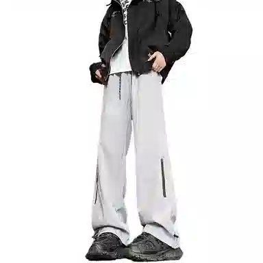 八哥 加绒加厚美式高街户外机能层次褶皱拼接拉链设计防风防水伞兵纯色简约基础款宽松直筒阔腿垂感工装微喇休闲裤 男女同款