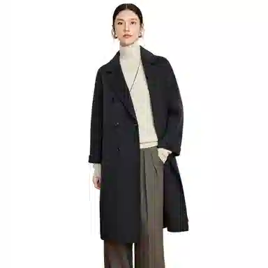 富铤 纯色简约西装领双排扣中长款大衣 女款