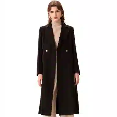 粉红玛琍 纯色中长款西装领长袖大衣 女款