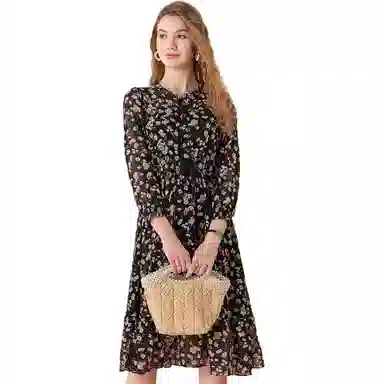 粉红玛琍 圆领高腰套头碎花长袖连衣裙 女款