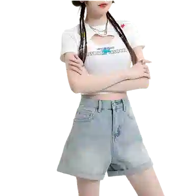 北极绒 简约舒适百搭高腰时尚牛仔短裤 女款