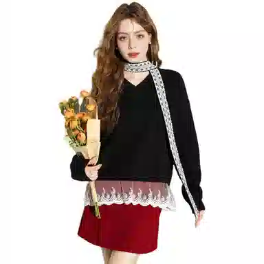 法文箱子 拼接宽松舒适长袖针织衫 女款