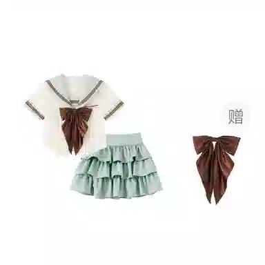 御茶家 小巧莓原创学院风水手服初恋感海军领短款收腰显瘦截短上衣蓬蓬蛋糕裙半身裙裙装套装 女款