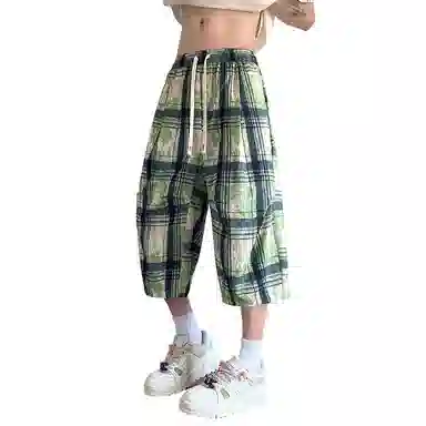 顶峰保罗 扎染格子迷彩七分裤子冰丝薄款运动时尚百搭设计感无性别主义直筒过膝加肥加大码休闲短裤 男女同款