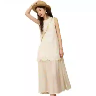 谜秀 法式刺绣假两件拼接简约通勤无袖连衣裙 女款