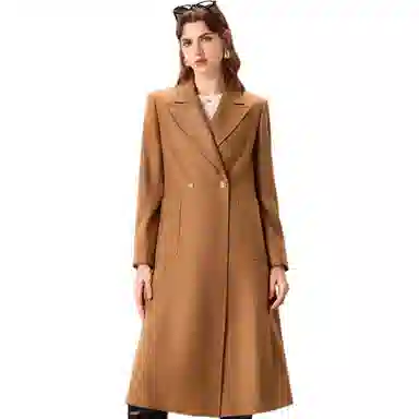 粉红玛琍 纯色中长款西装领长袖大衣 女款