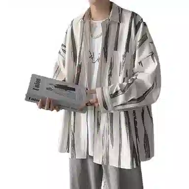 玉儿恋 潮牌宽松复古日系条纹翻领落肩单排扣夹克外套 男款