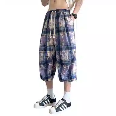 顶峰保罗 扎染格子迷彩七分裤子冰丝薄款运动时尚百搭设计感无性别主义直筒过膝加肥加大码休闲短裤 男女同款