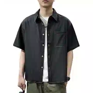 前进牛 美式经典复古潮牌辑明线简约休闲宽松牛仔休闲衬衣夏季短袖衬衫 男女同款