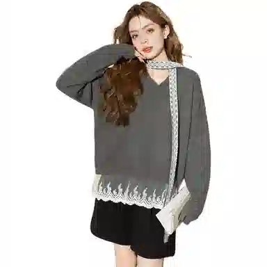 法文箱子 拼接宽松舒适长袖针织衫 女款