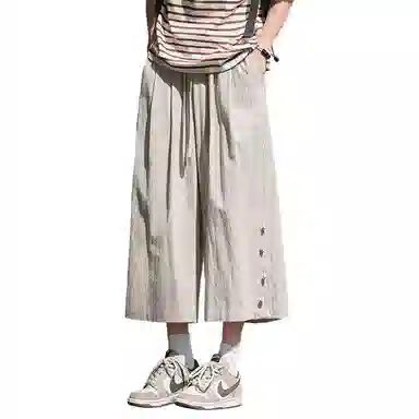 顶峰保罗 新中式纯棉薄款宽松阔腿国潮无性别主义纯色潮牌盘扣七分裤弹力抽绳显高直筒大码休闲短裤 男女同款