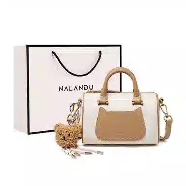 纳兰杜 上班通勤洋气高级感保龄球波士顿包 牛皮 单肩斜挎手提包 小号 女款 米白拼杏/子夜黑