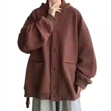 玉儿恋 美式复古纯色宽松百搭开衫连帽加厚夹克外套 男款