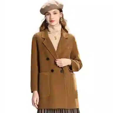 粉红玛琍 纯色中长款长袖大衣 女款 深驼