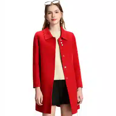 粉红玛琍 纯色中长款修身翻领长袖大衣 女款