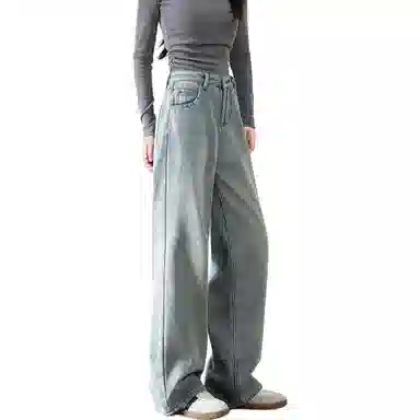 法文箱子 纯色高腰直筒舒适牛仔裤 女款 浅蓝