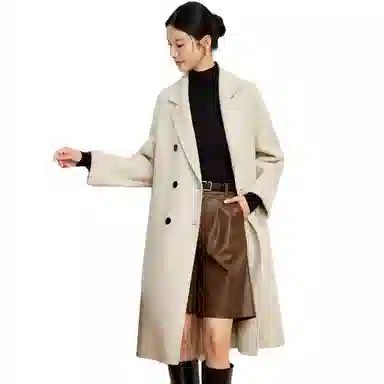 富铤 纯色简约西装领双排扣中长款大衣 女款