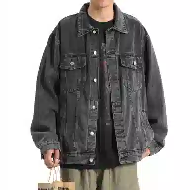 王者荣耀 明世隐款 美式街头复古做旧舒适宽松纯色背后手写印花潮流百搭翻领长袖牛仔外套 男女同款