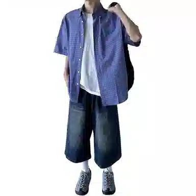 沐诚阳译 美式复古格子夏季潮牌潮流宽松百搭休闲衬衣外套短袖衬衫 男款