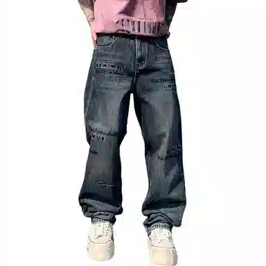 帝狼牛 做旧舒适磨白宽松刺绣字母复古水洗休闲牛仔裤 男女同款