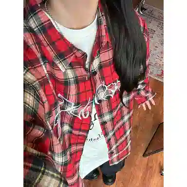 佑麟 格子设计感美式复古宽松潮牌格纹外套长袖衬衫 男女同款