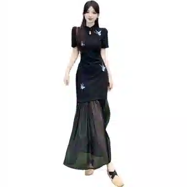 缪斯的诱惑 新中式刺绣蝴蝶改良旗袍裙短袖连衣裙 女款