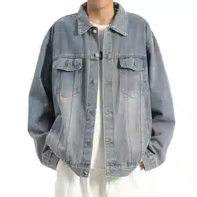 王者荣耀 明世隐款 美式街头复古做旧舒适宽松纯色背后手写印花潮流百搭翻领长袖牛仔外套 男女同款